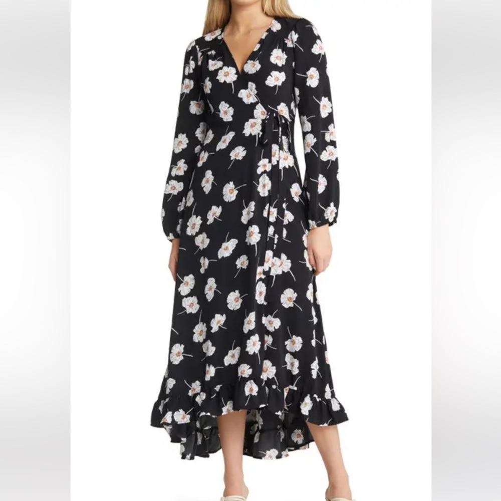 Halogen long sleeve floral wrap dress